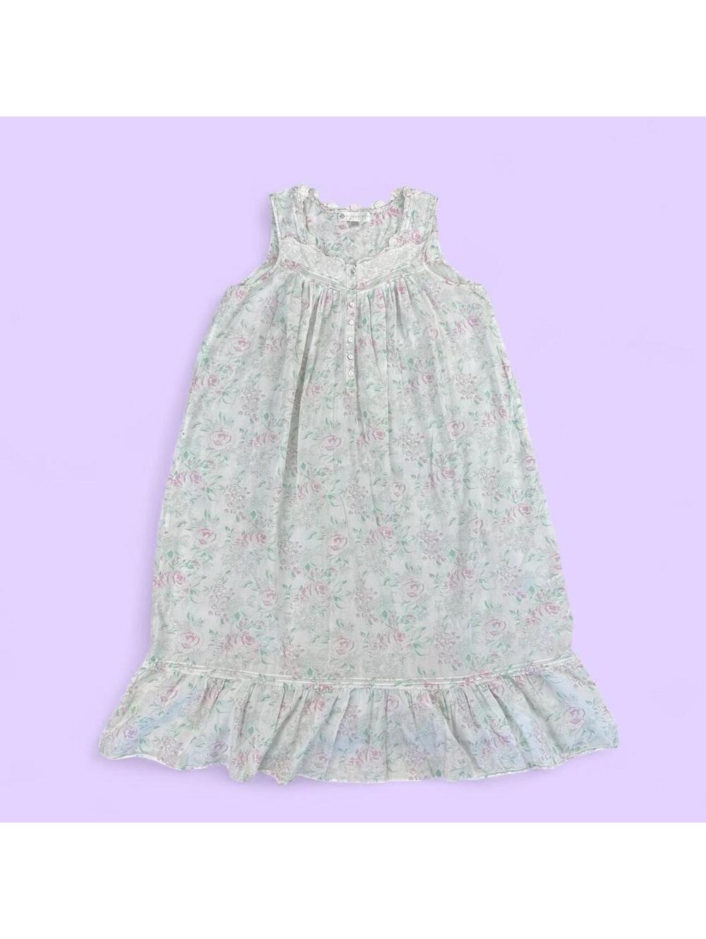 Vintage Eileen West White Maxi Nightdress with Pink and Green Floral Pattern - M